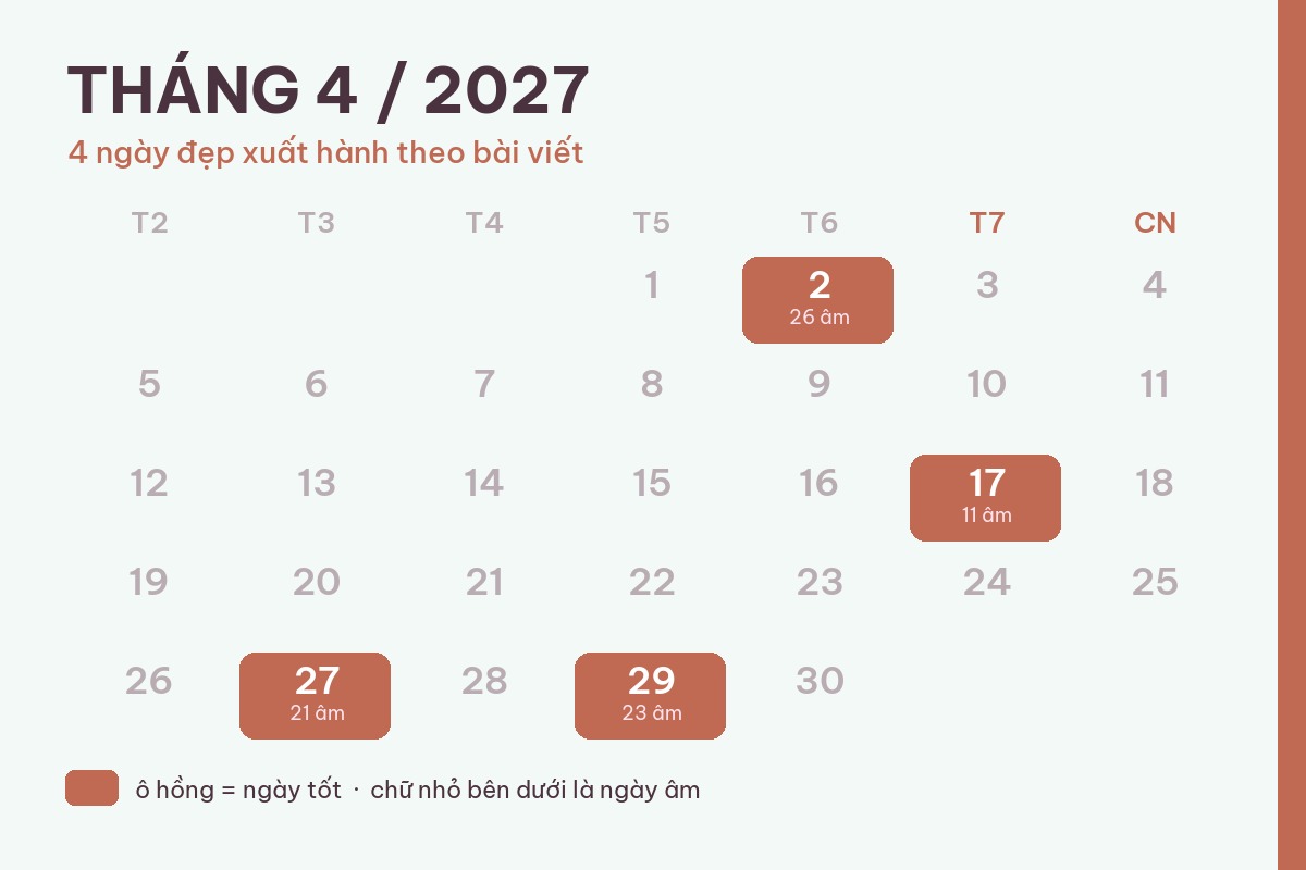 4 ngày đẹp xuất hành tháng 4/2027: hướng đi và cách chọn