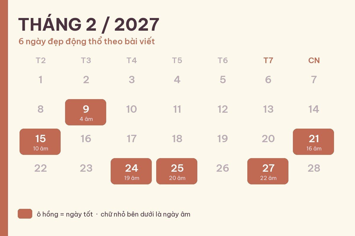 6 ngày động thổ tháng 2/2027 sau Tết: chọn thế nào?