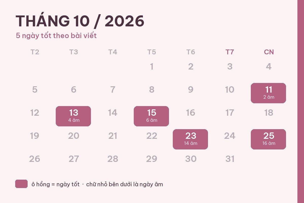 Âm lịch tháng 9/2026 (10/10–8/11): 9 ngày đẹp để sắp xếp công việc